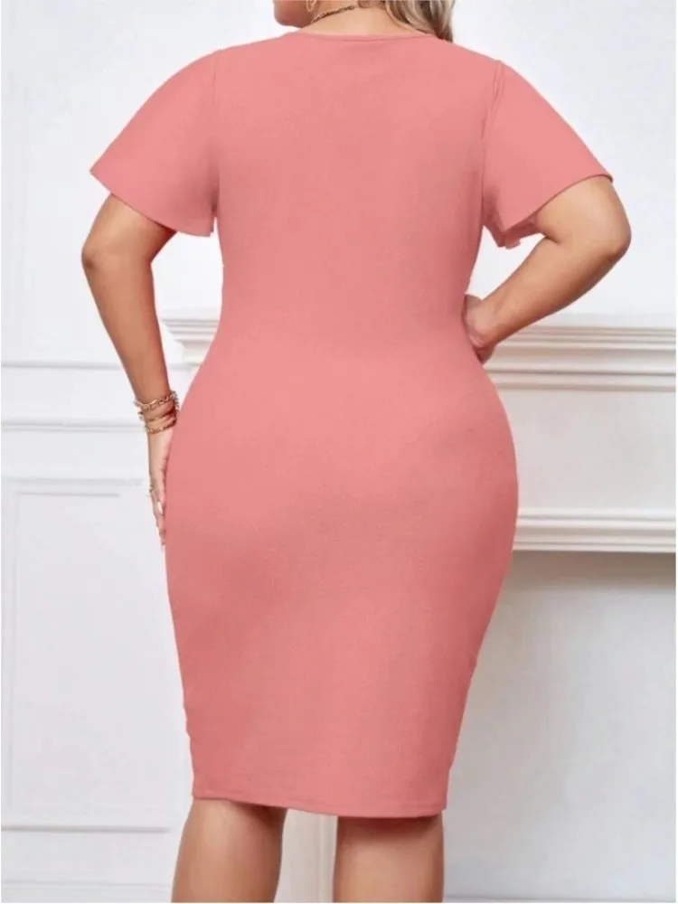 Plus Size Summer Midi Dress Women Pink Elegant Ruffle Pleated Short Sleeve Modis Ladies Dresses Slim Bodycon Woman V-Neck Dress