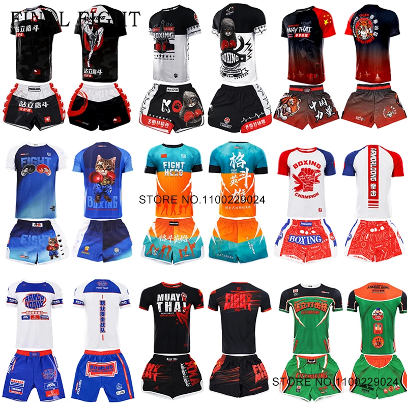 

Muay Thai Shorts and T Shirt Set Printing Cage Fight Kickboxing Boxing Shorts Men Women Gym Martial Arts MMA Training Uniform