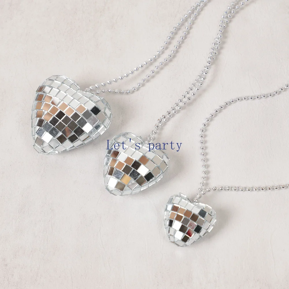 2/4Pcs Retro Mirror Disco Ball Heart Necklaces for 70s 80s Disco Music Theme Birthday Valentine\'s Day Wedding Party Favors Decor
