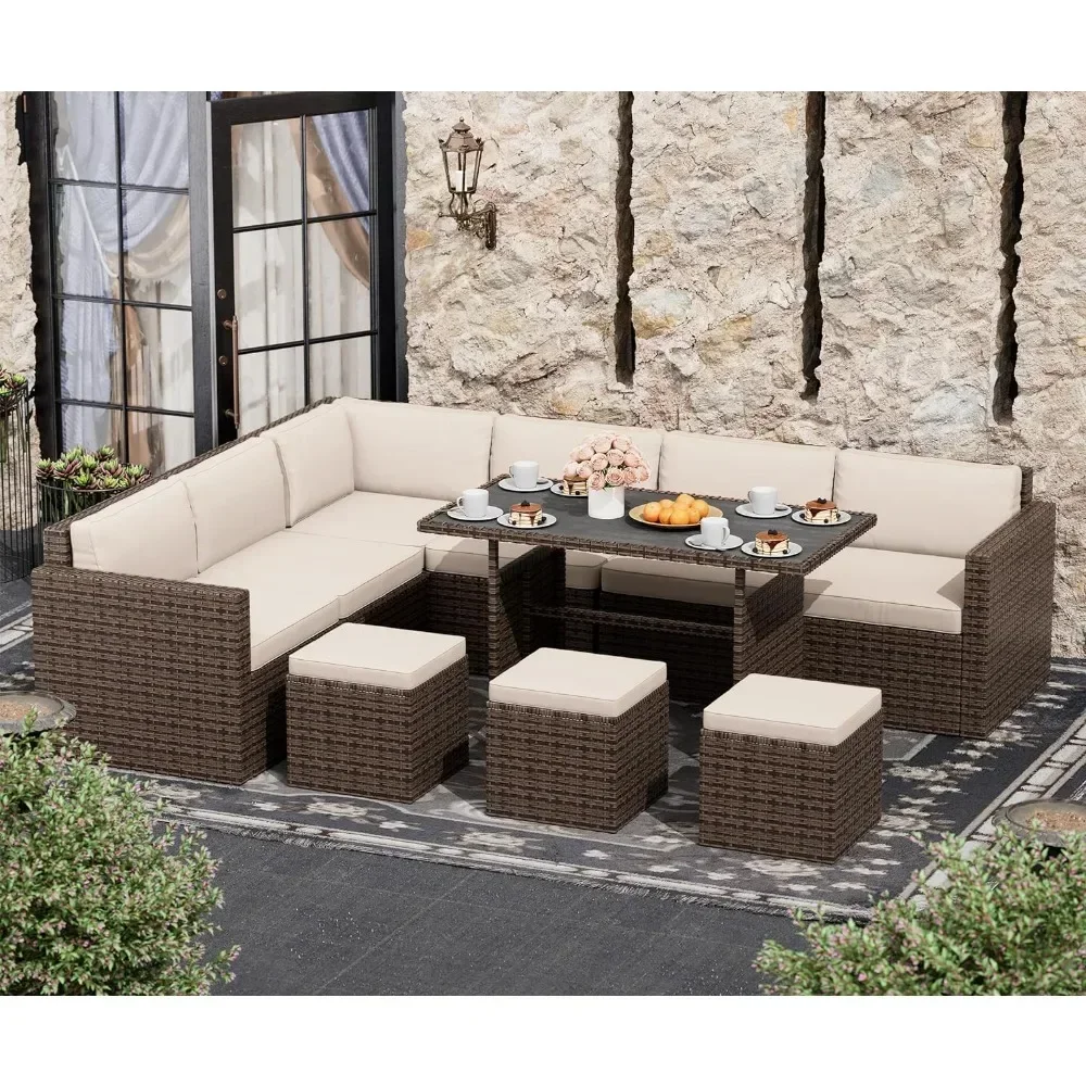 7 Piece Patio Furniture Set, Outdoor Furniture Patio Sectional Sofa PE Rattan Outdoor Sectional with Beige Cushions and Table