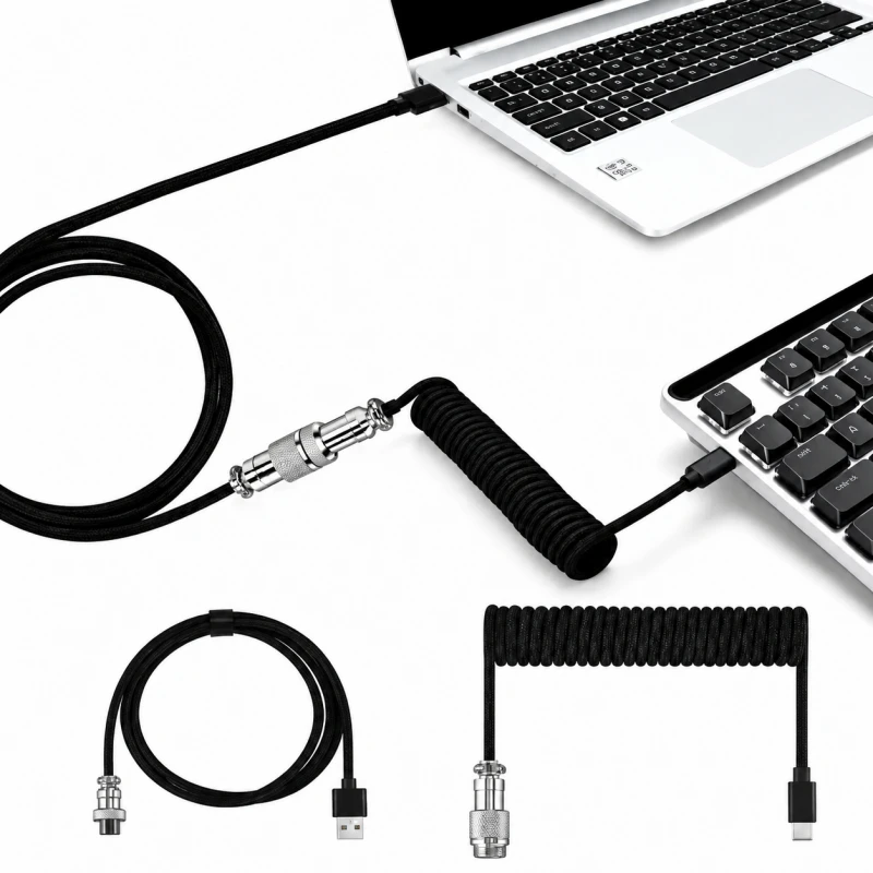59 inch Type-C Coiled Mechanical Keyboard Cable – Detachable Gaming Keyboard Wire with Aviation Connector, Computer Accessories