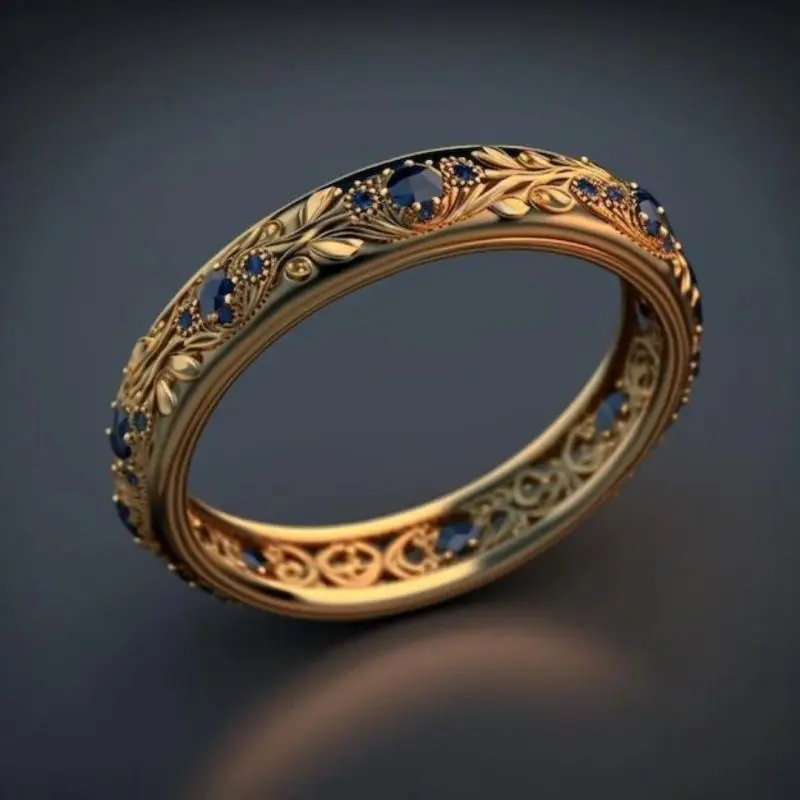 

New Arrival Copper Gold-Plated Royal Blue High-End Ring, European Light Luxury Unique Pave Diamond Row Band Ring