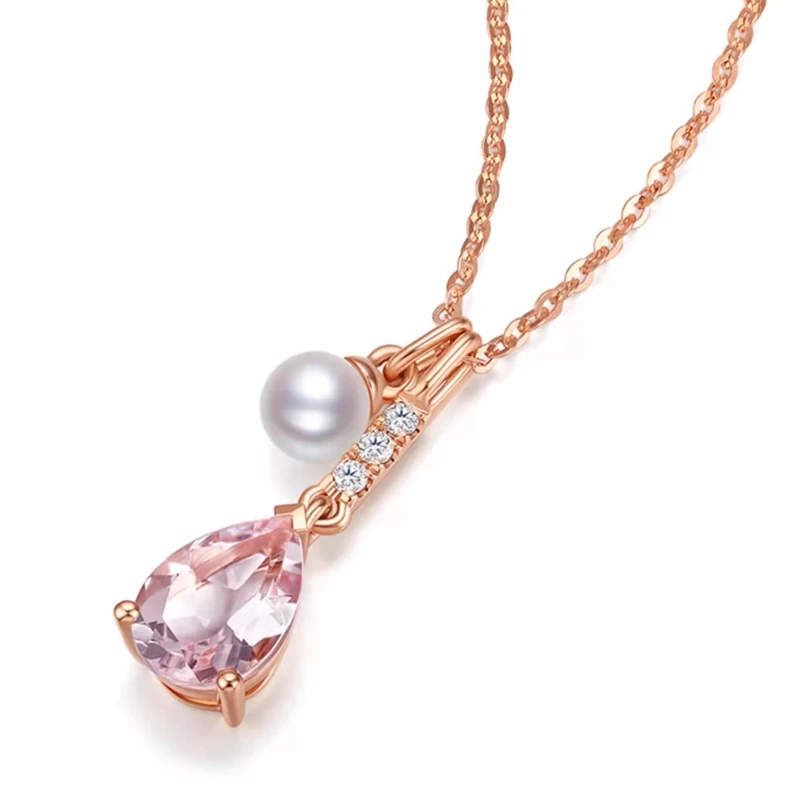 HELON Solid 18K 14K Rose Gold Natural Morganite Diamonds Pendant Necklaces Genuine White FreshWater Pearl Pendant Chain