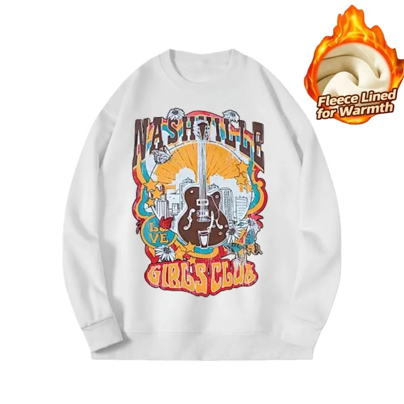 Top a maniche lunghe con scollo tondo serie stampa stile coreano, 100% cotone con fodera in pile per un calore extra, casual e caldo