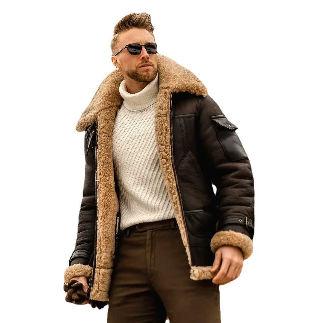 Mens Large Size Dull Polish Velvet Plain Composite Leather Jacket Thick Warm Zipper Plush Woolen Faux Fur Collar Coat Male S-5XL