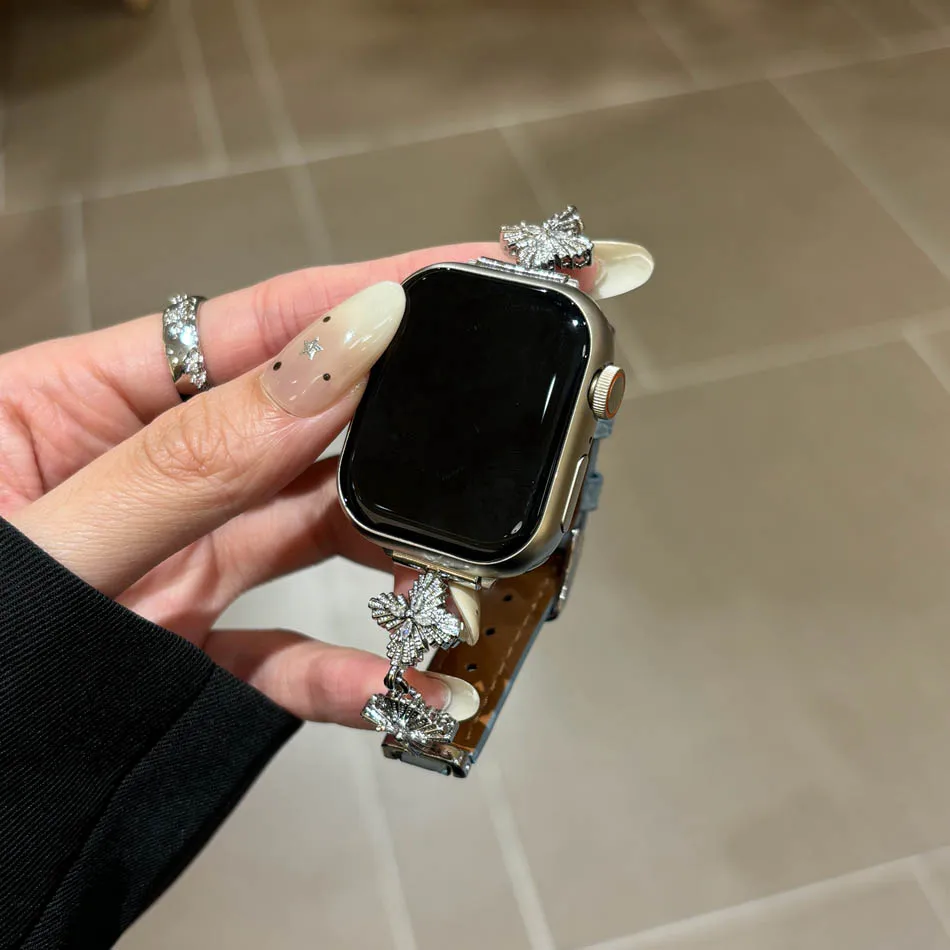 سوار فاخر من الألماس على شكل نجمة رباعية الرؤوس لساعة Apple Watch Series 10 9 8 7 6 SE 5 4 3 2 Ultra 46 مم 49 مم 45 مم 44 مم 42 مم 41 مم 40 مم 38 مم، حزام جلدي