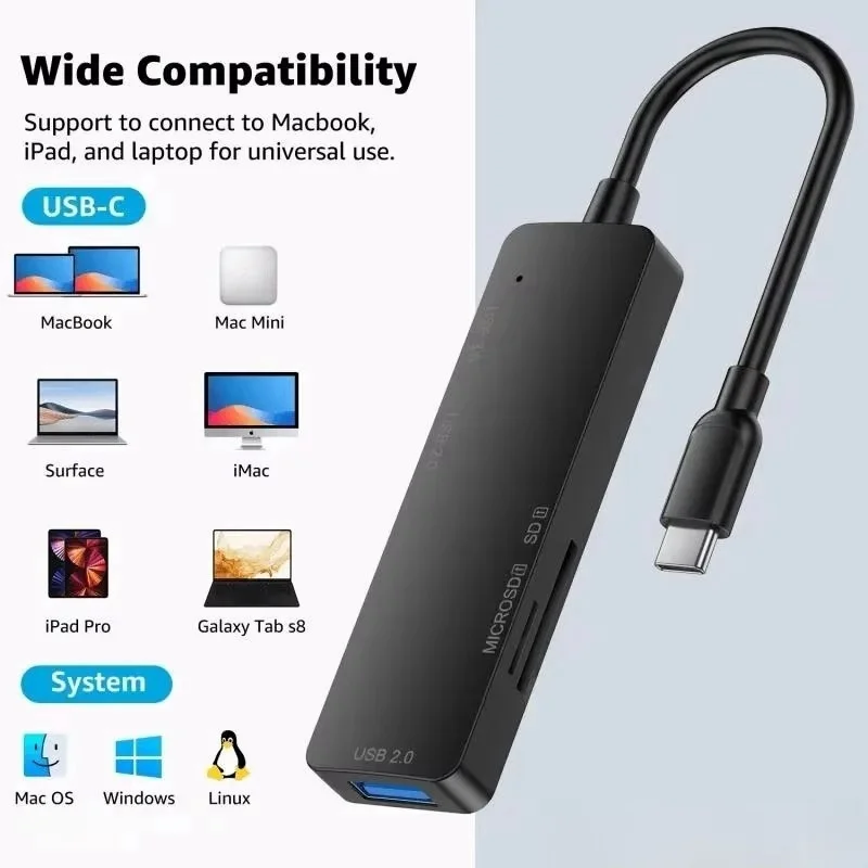 USB Type C Hub Adapter 5 in 1 Mobile Phone Computer Type C to SD TF Card Reader Extender High Speed Transmission Wire Divider