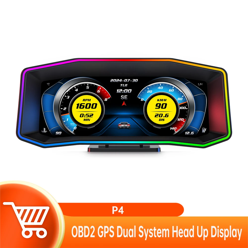 

P4 OBD2+GPS Dual System 6.2 Inch Screen Head-up Display Multi-function Smart Car System Turbine Speedometer Slope Meter