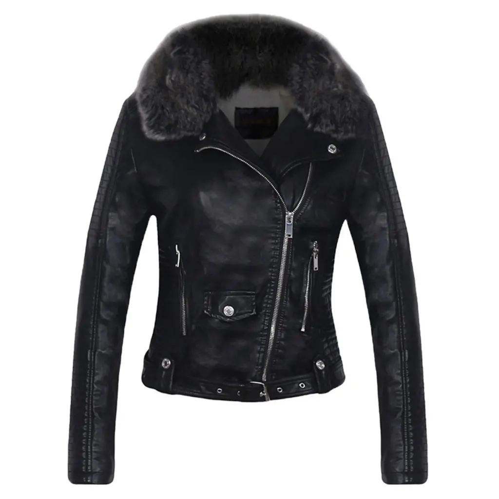 Casaco curto de couro pu feminino com forro de veludo gola de pele ajuste fino para outono inverno estilo motocicleta moda europeia e americana