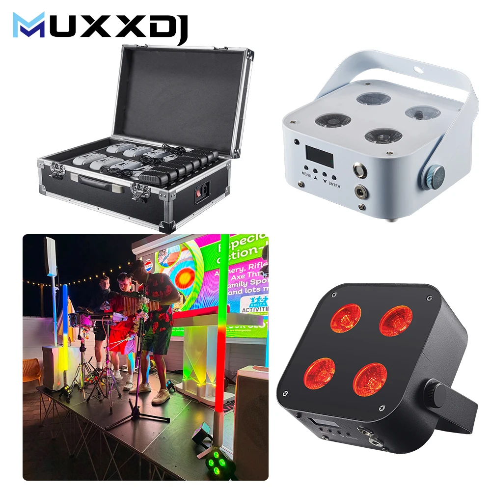 MUXXDJ 8PCS IR4 Uplights in Case 4*12W RGBWA+UV Led Par Can Battery Wireless Dmx512 Remote & APP Control for Wedding Stage