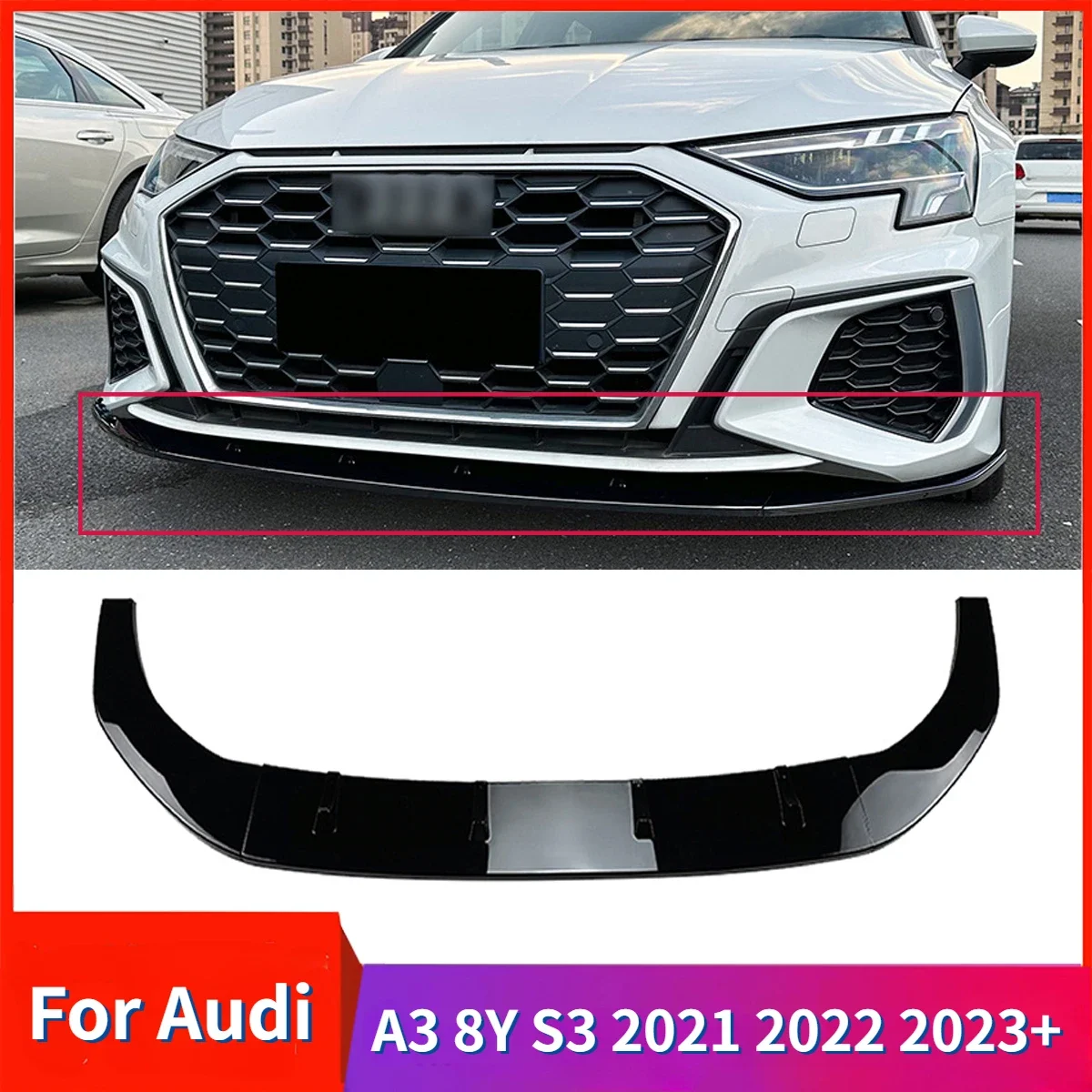 

Автомобильный передний бампер спойлер сплиттер губа для Audi A3 8Y S3 2021 2022 2023 + глянцевая черная Нижняя защитная пластина лезвия комплекты кузова защита