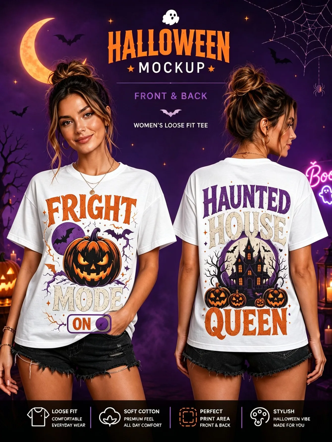 Halloween Candy Pumpkin Moon Ghost Print Women's Loose Short Sleeved T-shirt, Fun Holiday Style Autumn New Release