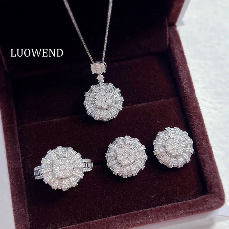 LUOWEND 100% 18K White Gold Earrings Luxury Design Real Natural Diamond Earrings&Earring&Necklace for Women High Jewelry Set