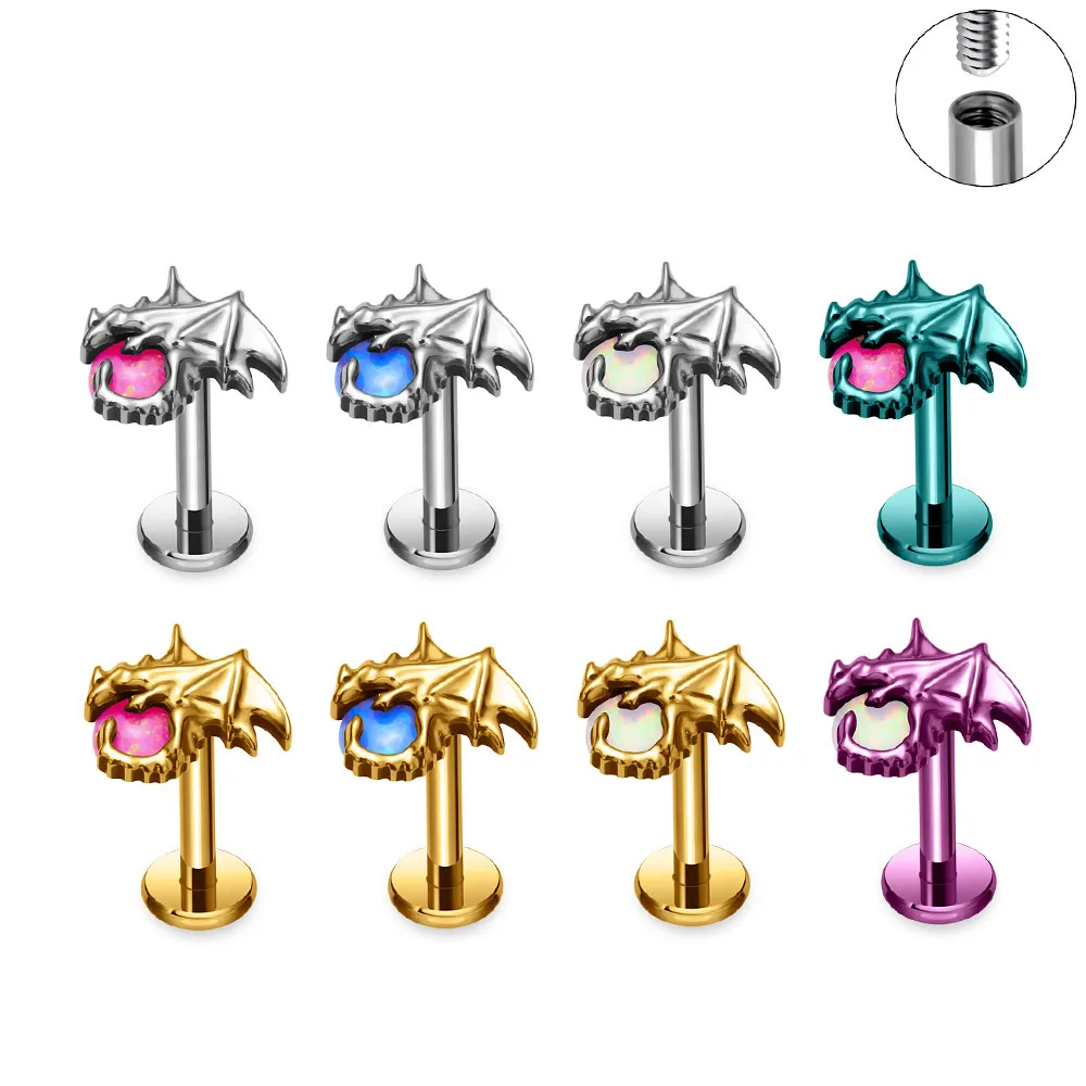 G23 F136 Titanium Internal Thread Small Dinosaur Ear Cartilage Nail Opal Vacuum Gold-Plated 16G Ear Nail Perforated Jewelry
