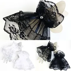 Black White Lace Fake Sleeve For Women Short Lace Wrist Cuffs Mesh Hollow Bow Detachable False Sleeve Cuffs Elastic Wristband