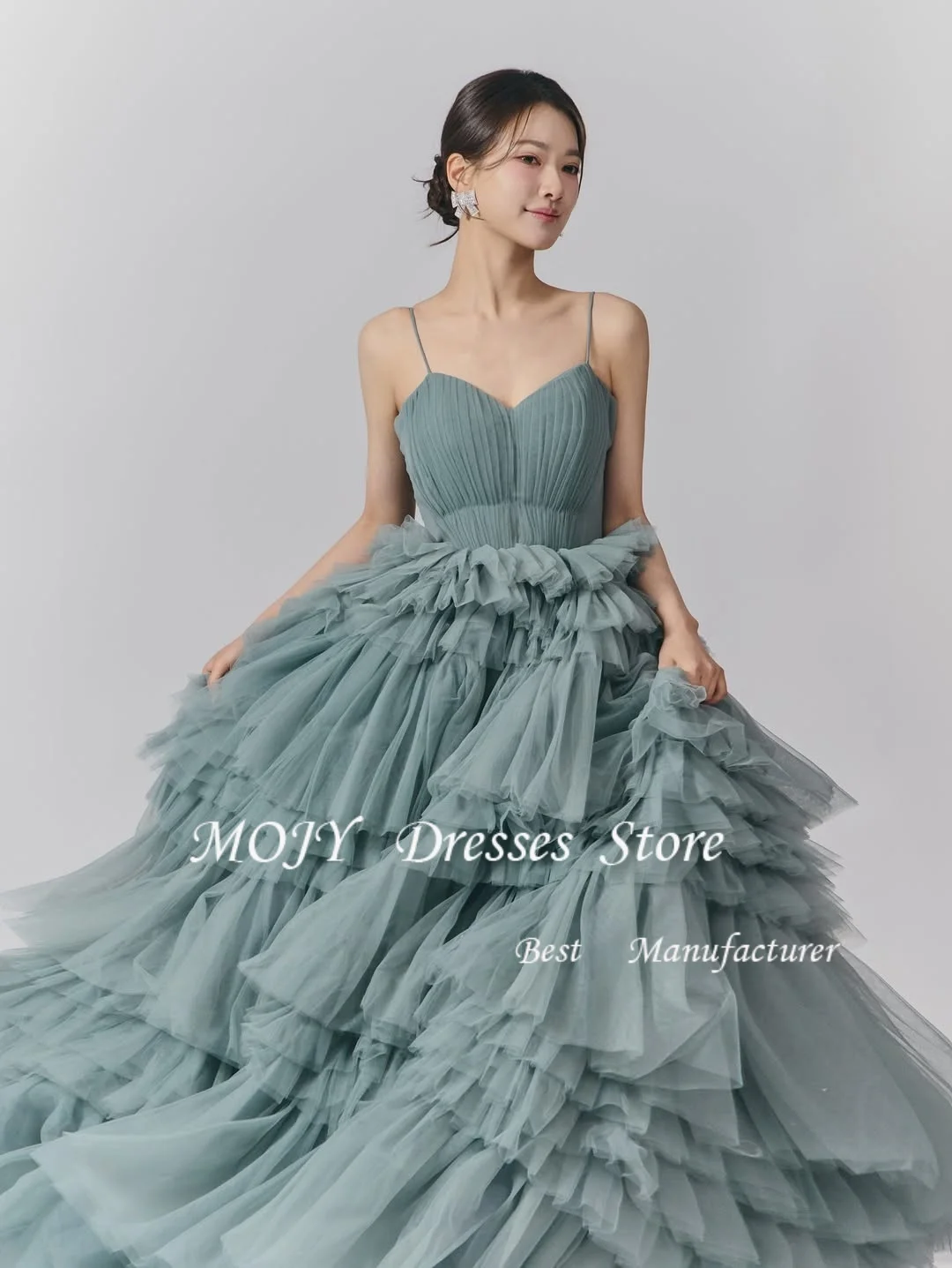 모지 스파게티 스트랩 이브닝 드레스 맞춤형 정장 프롬 드레스 티어드 튤 웨딩드레스 특별한 날 파티 이브닝 가운