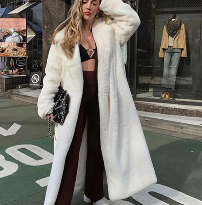 

Winter Women Faux Rabbit Fur Coat Lengthen knee Fur Coat Loose Lapel OverCoat Thick Warm fur coat Female Plush Coats