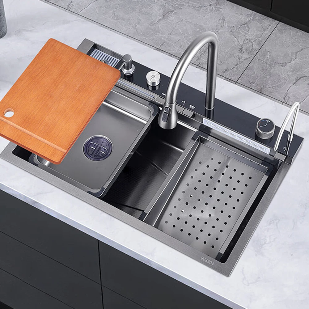 304 Bowl Undermount Stainless Steel Apron Farmhouse Handmade Smart Waterfall Multifunction Kitchen Sink