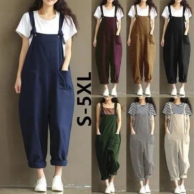 Spring and summer new women's literary cotton hemp strap casual pants jumpsuit