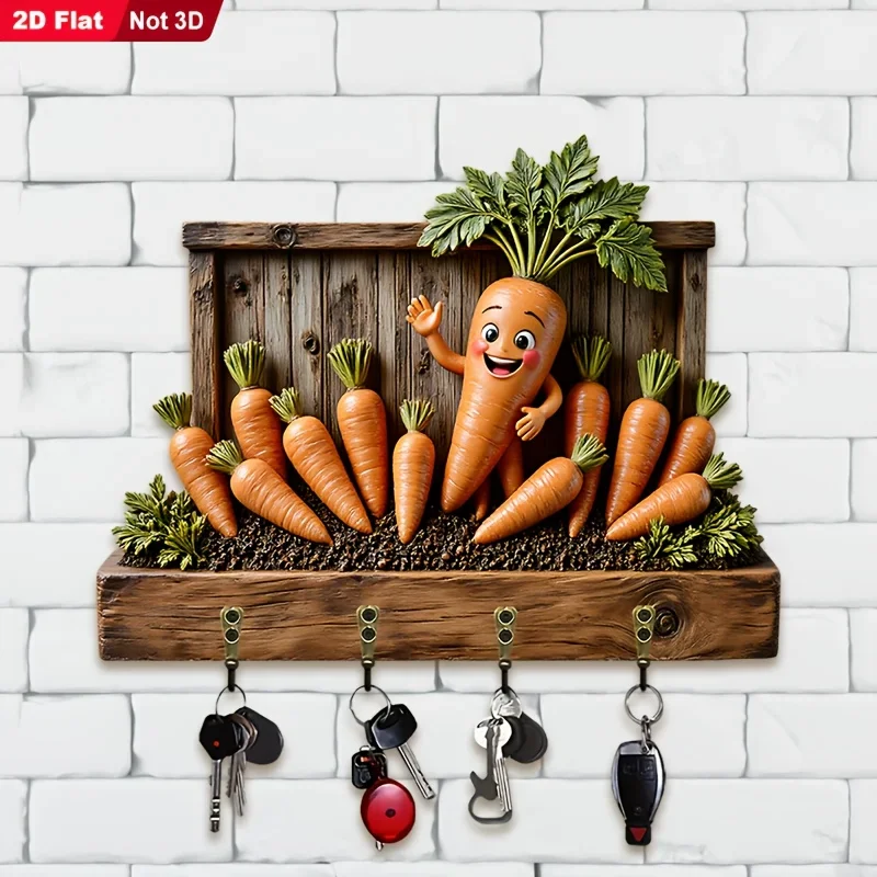 2D Flat, 1pc, Carrot Theme Style Key Hook, Wooden Multifunctional Home Key Rack, with Four Metal Hooks, Wall Decoration, Porch
