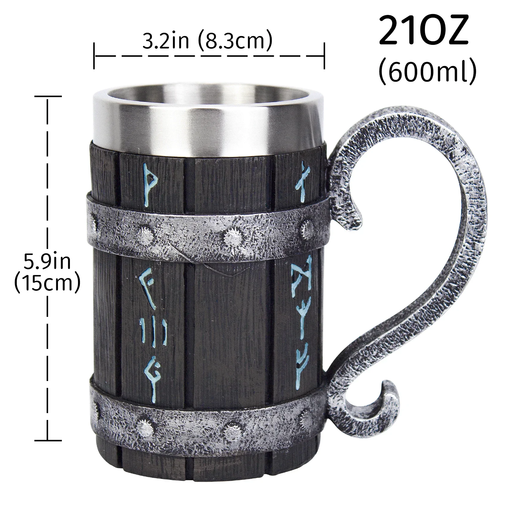 New Viking Rune Beer Mug 304 Stainless Steel Tankard Resin Imitation Wooden Texture Nordic Decor Stein Coffee Cup Men Gift 600ml