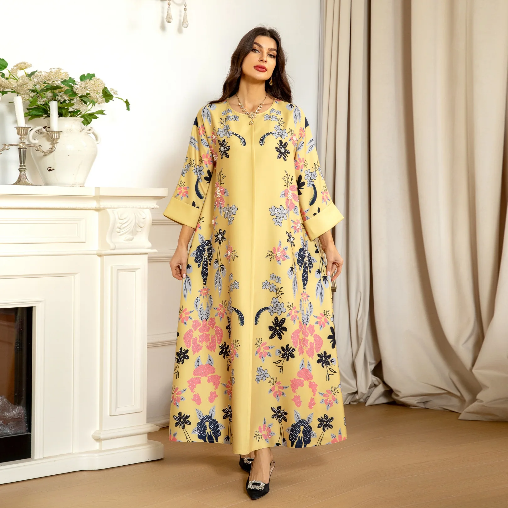 Muslim Dress Dubai Women's Fashion Abaya Long Skirt Hot Drill Dress Printing Middle Eastern Robe Casual Simple V-neck Long Dress