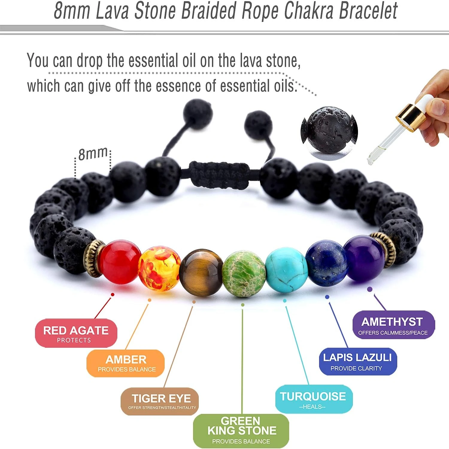 Stylish 8mm Lava Rock Braided Rope Aromatherapy Essential Oil Diffuser Bracelet with 7 Chakras - Relaxing and Healing Natural St