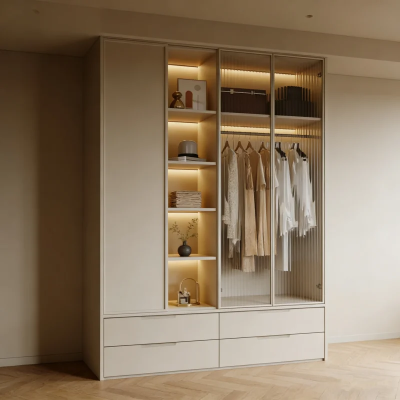 &Customized Light Bag Display Cabinet Glass Door Hanging Clothes Area Display Cabinet With Line Swing Door