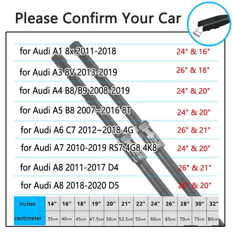 For Audi A1 A3 A4 A5 A6 A7 A8 Front Windshield Washer Brushes Accessories 8x 8V B8 B9 8T C7 4G RS7 4G8 4K8 D4 D5 Car Wiper Blade