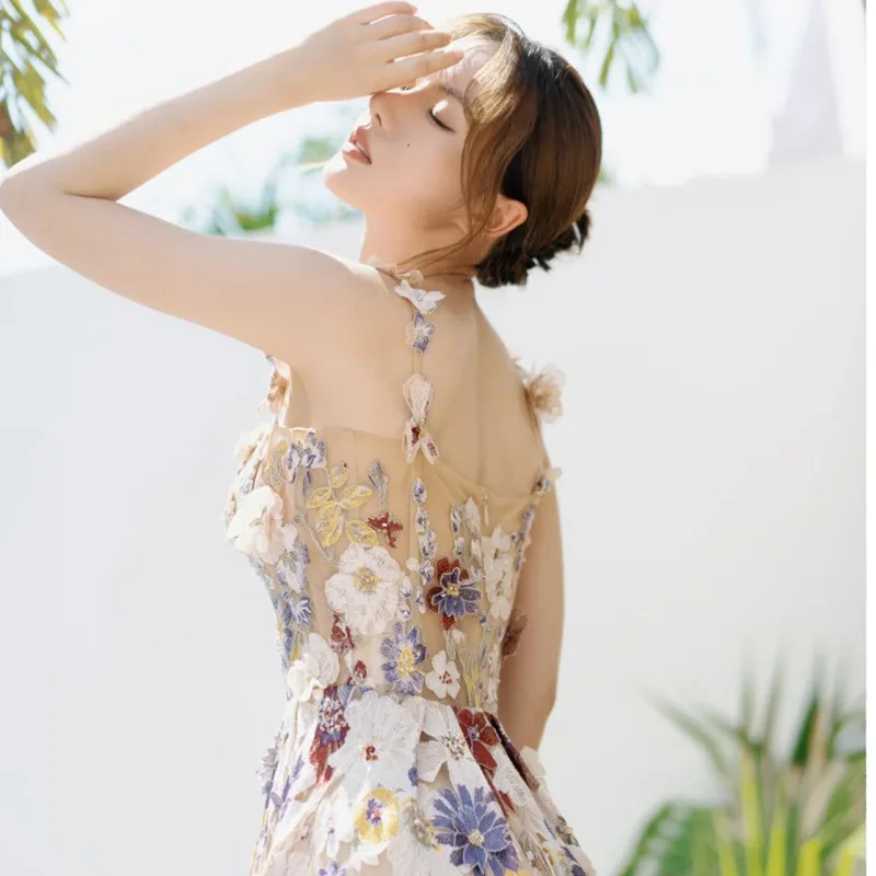 PJN Embroidery Flower Evening Party Dress Women 2025 Elegant Strap Long Vacation Graduation Gown Formal Wedding Banquet Dresses