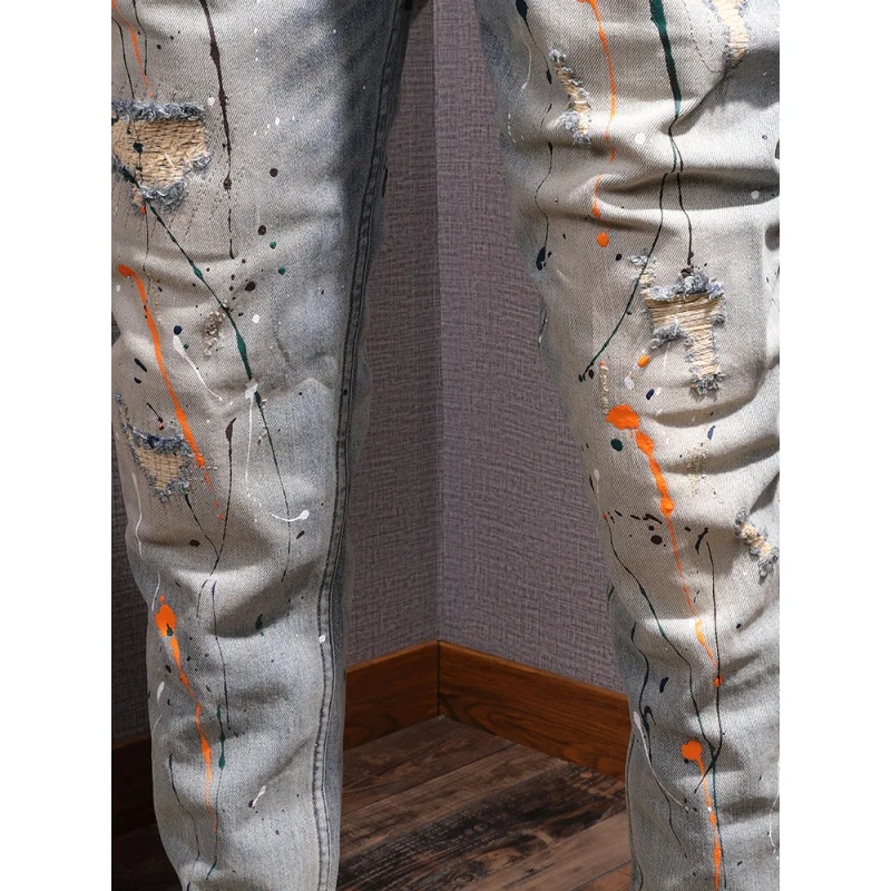 High-End Heavy Industry Retro Paint Print Jeans Men's Street Graffiti Stretch Ripped Patch Skinny Pants