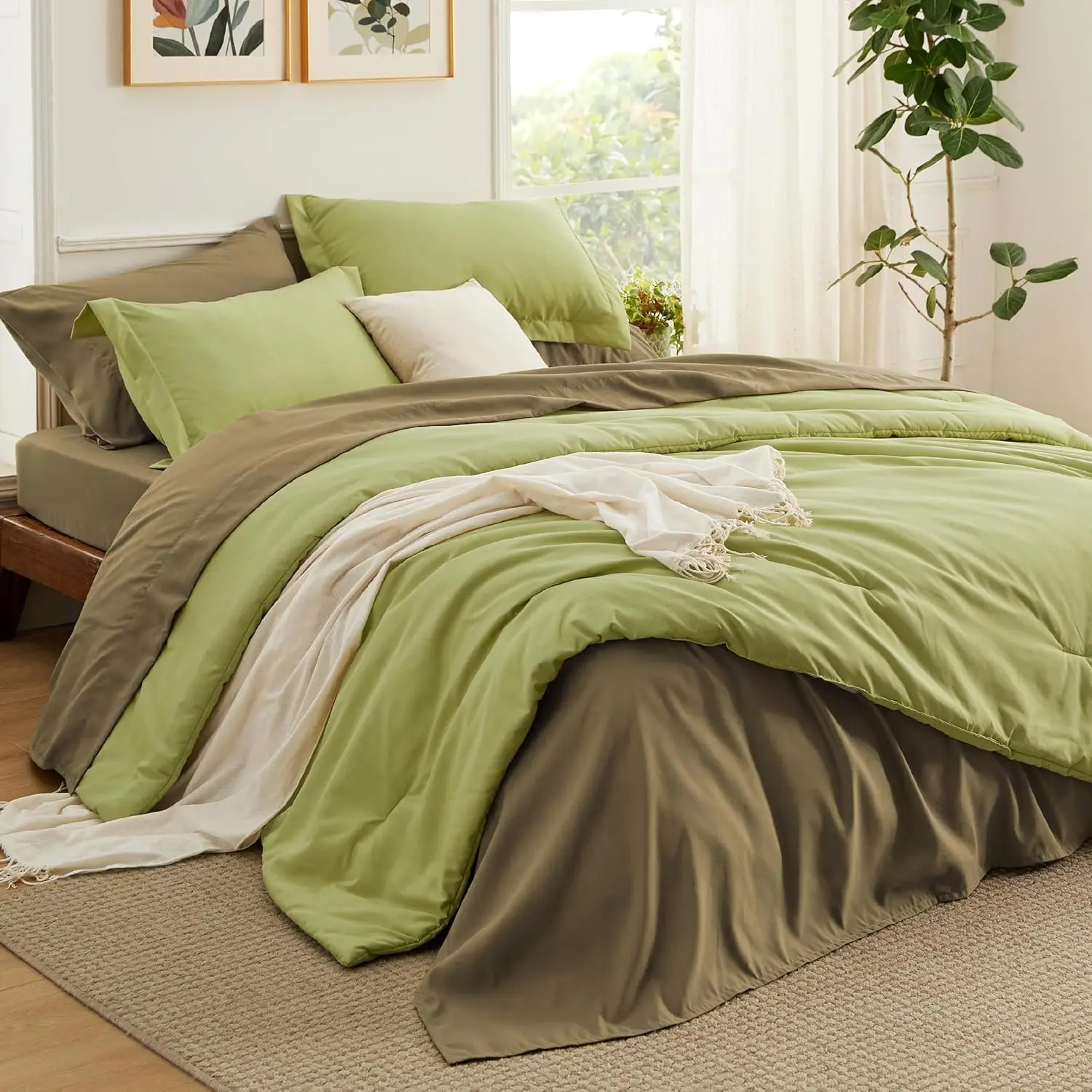 Bedsure King Size Comforter Set Sage Green, 7 Pieces Lightweight King Bedding Sets Boho