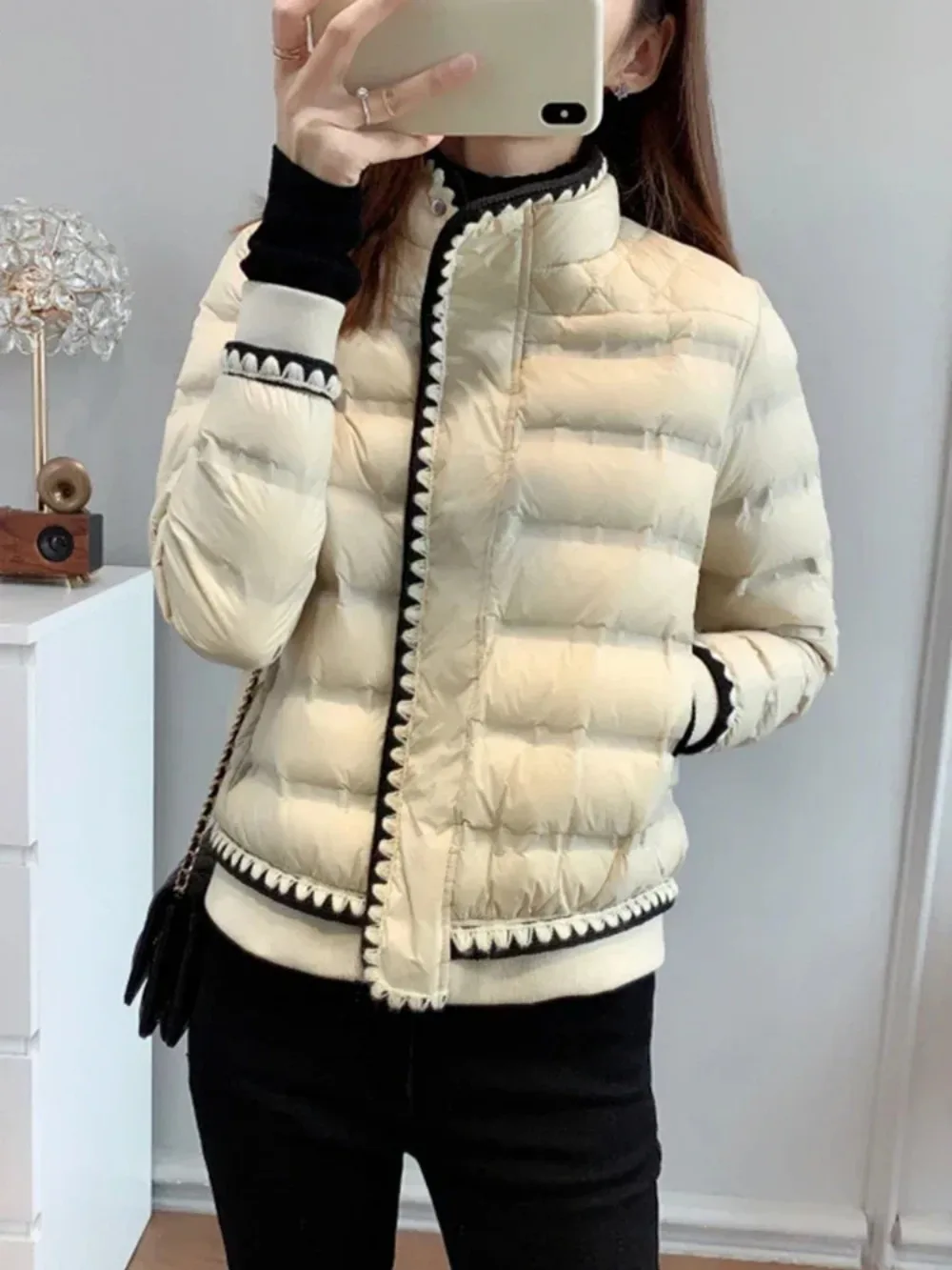 90 White Duck Down Coat Down Jacket Winter Women Stand Collar Zipper Lace Solid Jacket Thick Warm Snow Parka Outwear European