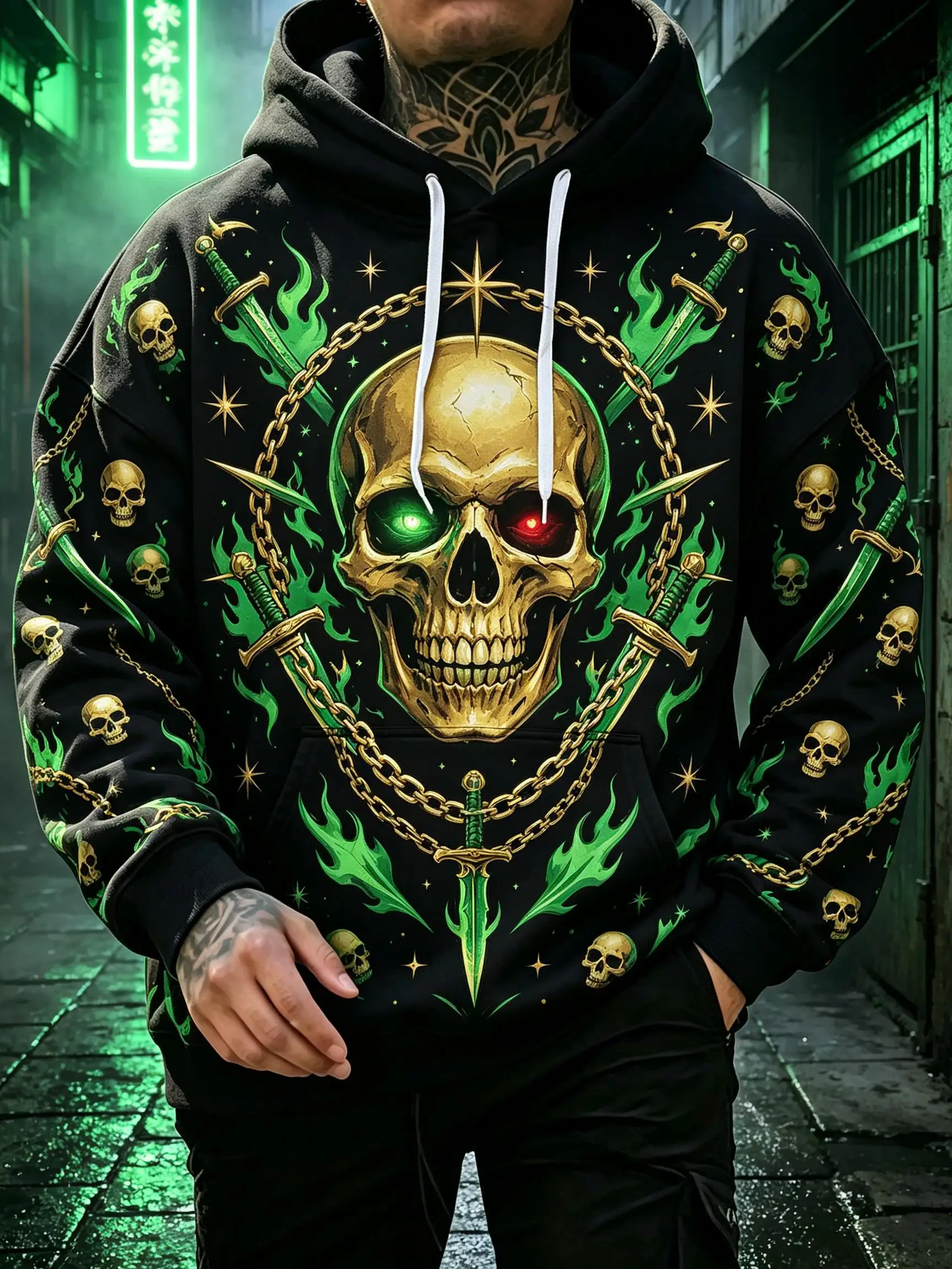 Men's Hoodie Black Purple Gold Skull Sword Print Breathable Stylish Pullover Sweatshirt for Gothic Party Daily Wear