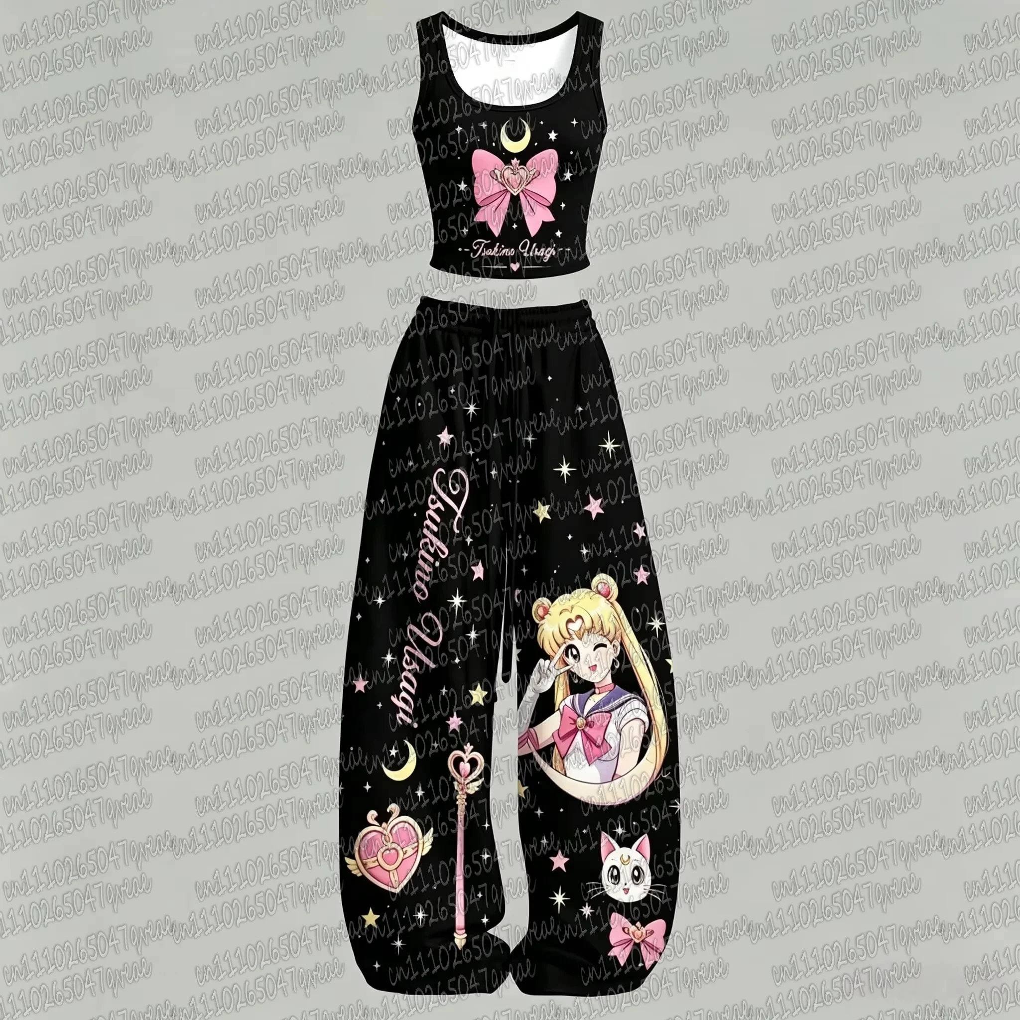 2026 Family Matching Sailor Moon 2 Piece Outfits Tank Top Wide Leg Pants Sets Anime Print Vest Trousers Y2K Streetwear Matching