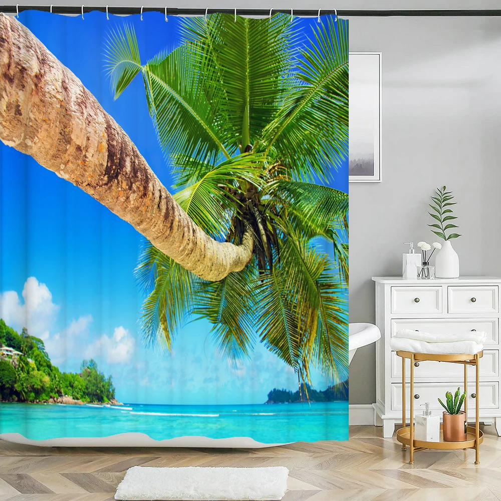 Shower Curtain Sunshine Beach Scenery Seaside 3D Printing Bathroom Curtain Polyester Waterproof Home Decor Curtain 180x180cm