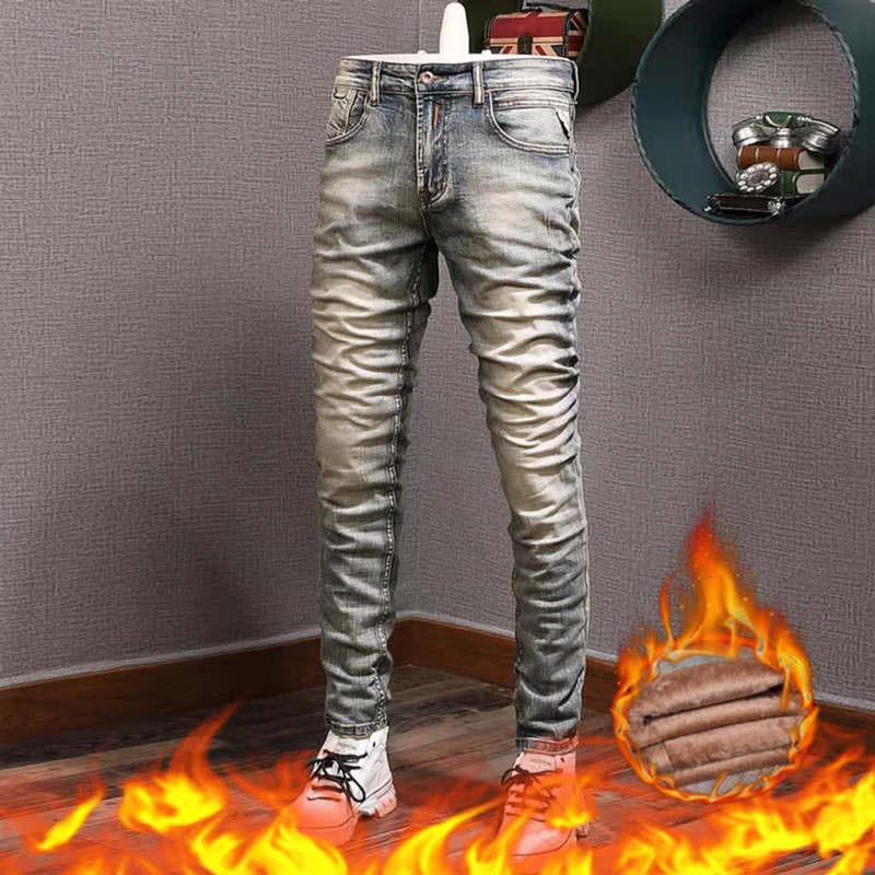 Fashion Designer Men Jeans Retro Black Gray Stretch Slim Fit Ripped Jeans Men Vintage Velvet Denim Pants Winter Warm Trousers