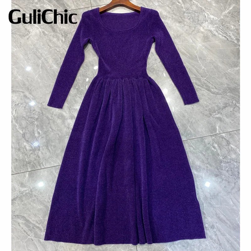 10.16 GuliChic Simple Fashion Temperament Square Collar Long Sleeve High Waist Slim Corduroy Midi Dress Women