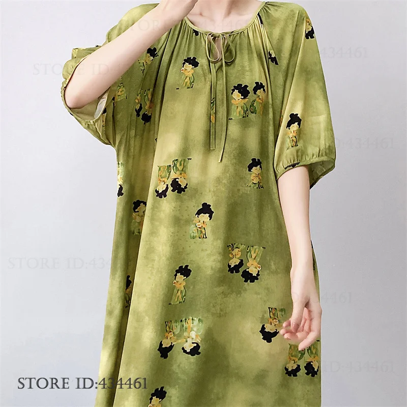 Plus Size Womens Long Nightgown Homewear Chinese Style Print Cartoon Viscose Sleepwear Loungewear Loose Nightdress Nightie