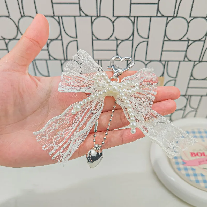 Silver Bow Keychain Holder with Lace Pearl Heart Design Ins Bag Charm Cute Girls Accessory for Purse Backpack Earphone Phone