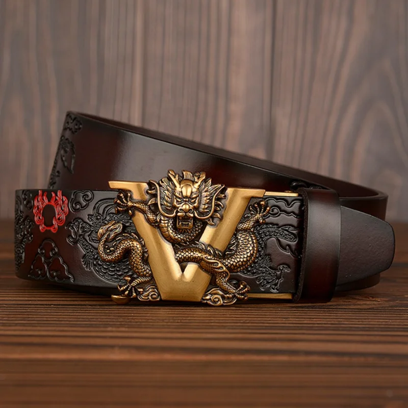 New Male China Dragon Belt Cowskin Genuine Leather Belt for Men Carving Dragon Pattern Automatic Buckle Belt Strap For Jeans