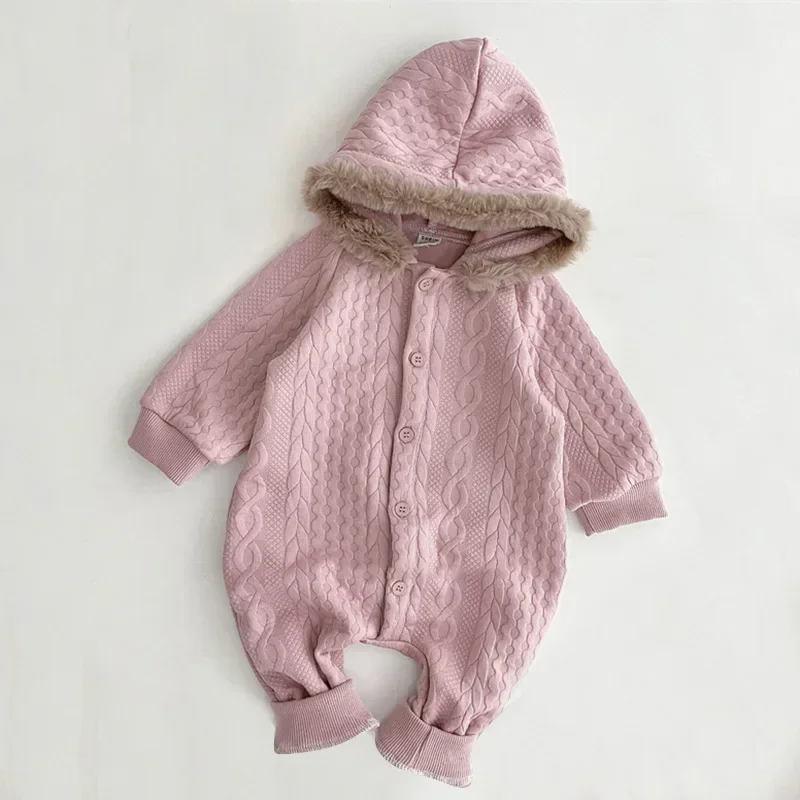 

Baby Clothing Kids Romper Autumn and Winter Thickened Girl Hooded Warm Solid Color Autumn Winter Casual Simple Kids Romper