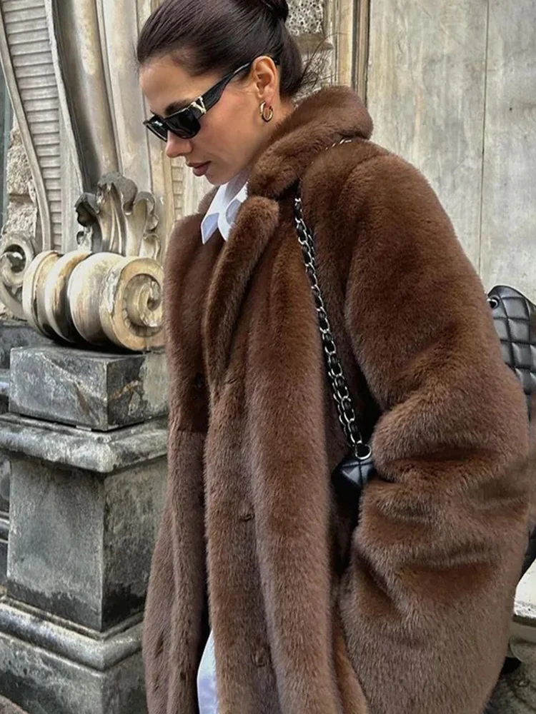Tuularose Winter Thickened Fur Coat Fashion Vintage Brown Lapel Long Coats New Casual Commuter Warm Streetwear Women's Outerwear