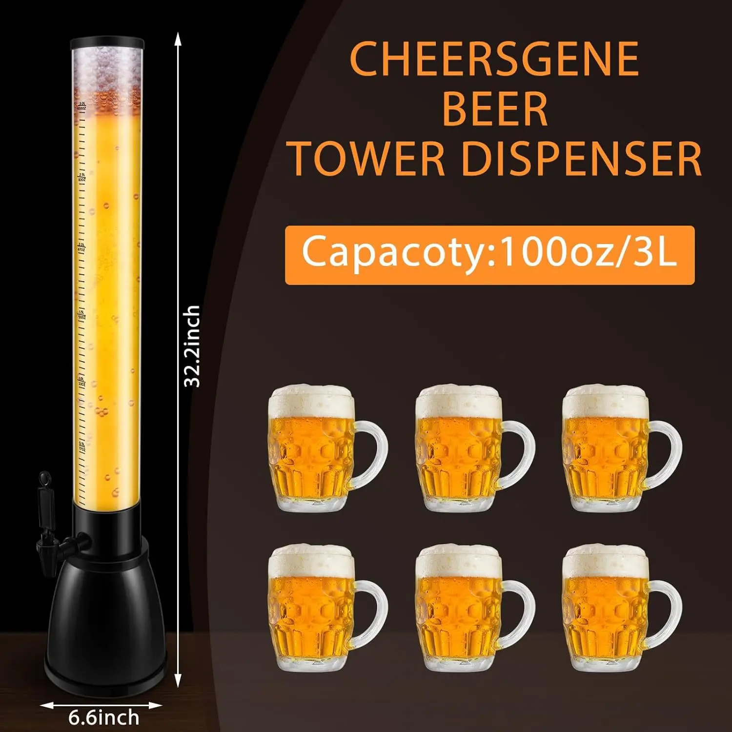 Beer Tower 3L100oz Transparent Beverage Tower Dispenser with Ice Tube Easy to Clean Double Action Integrated Faucet