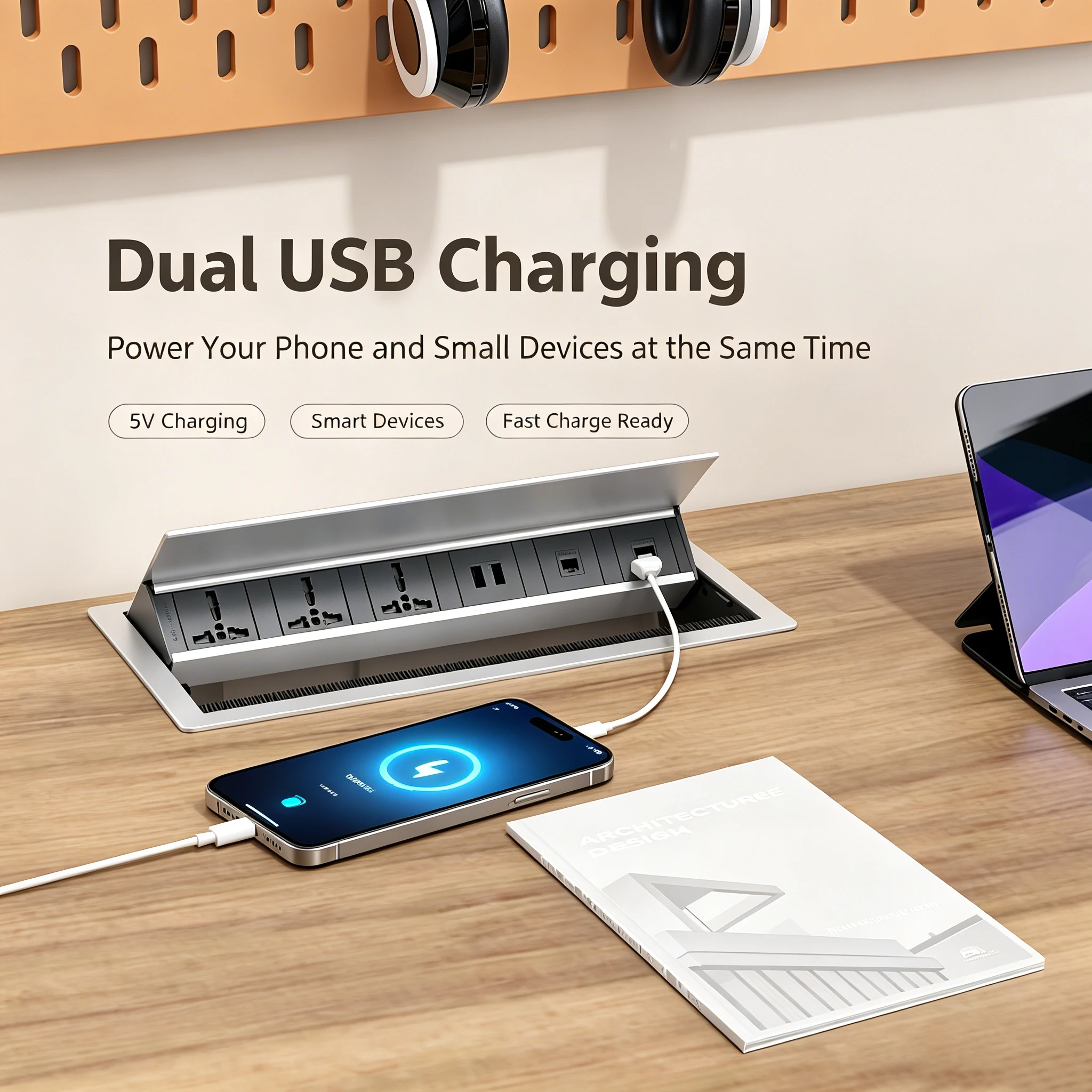 FUNAYA Embedded Desktop Flip-up Socket Universal EU KR US AU UK Office Desk Power USB A/C HDMI CAT6 Ethernet Hidden Outlets