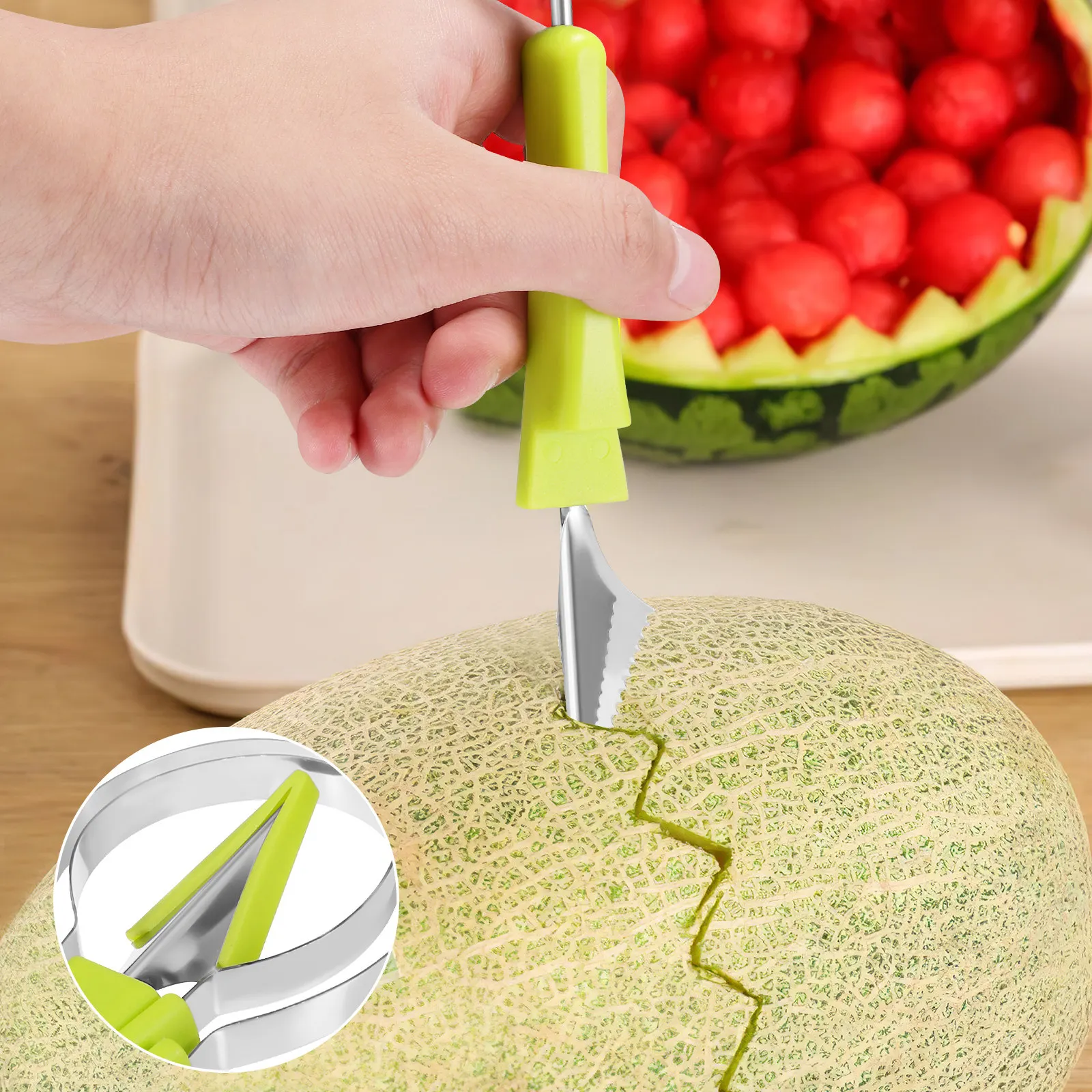 2Set Kitchen Fruit Tool Set 3 in 1 Stainless Steel Carving Scoop Peeler Fruit Baller Kit for Watermelon Cantaloupe Melon
