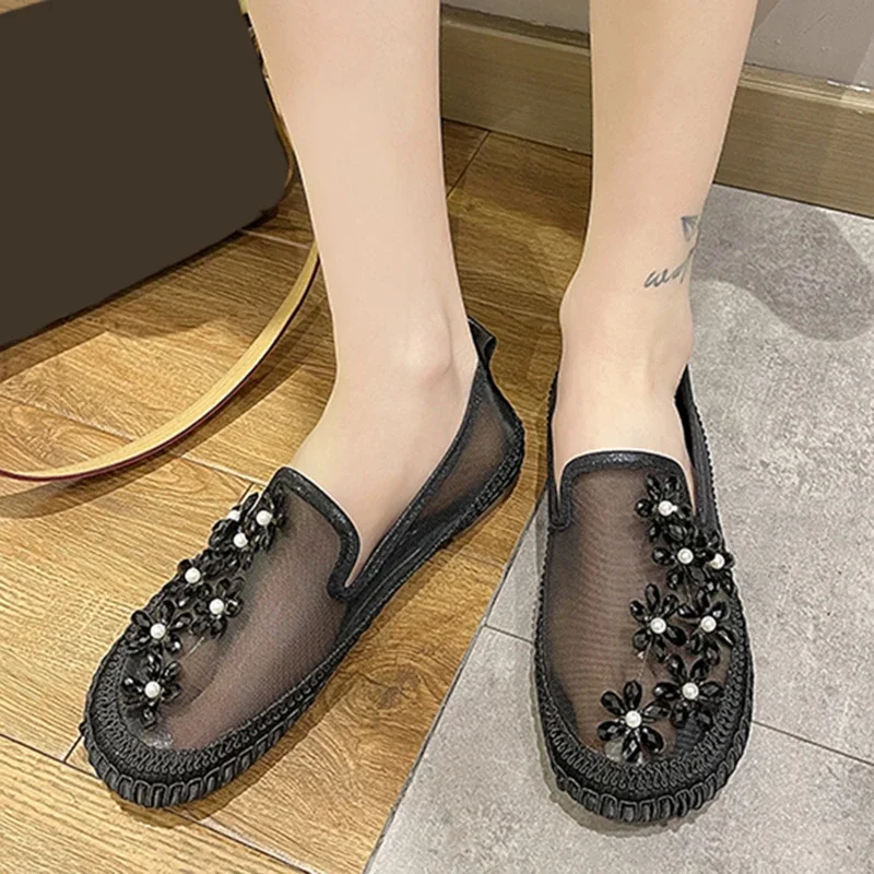 2022 New Lace Mesh Crystal Floral Loafers Shoes Women Comfort Breathable Summer Walking Shoes Woman Fashion Slip-on Ballet Flats