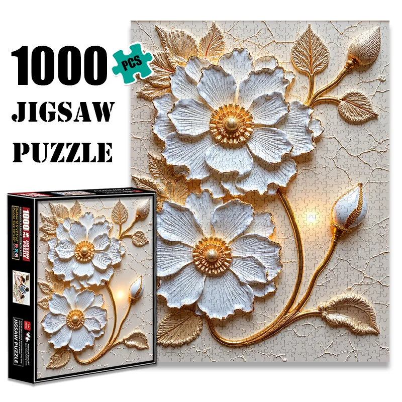1000 قطعة من أحجية الصور المقطوعة بالزهور البيضاء المزخرفة بالذهب - خدش وجودة عالية، دعابة دماغية عالية المستوى للبالغين - أنيقة H #1