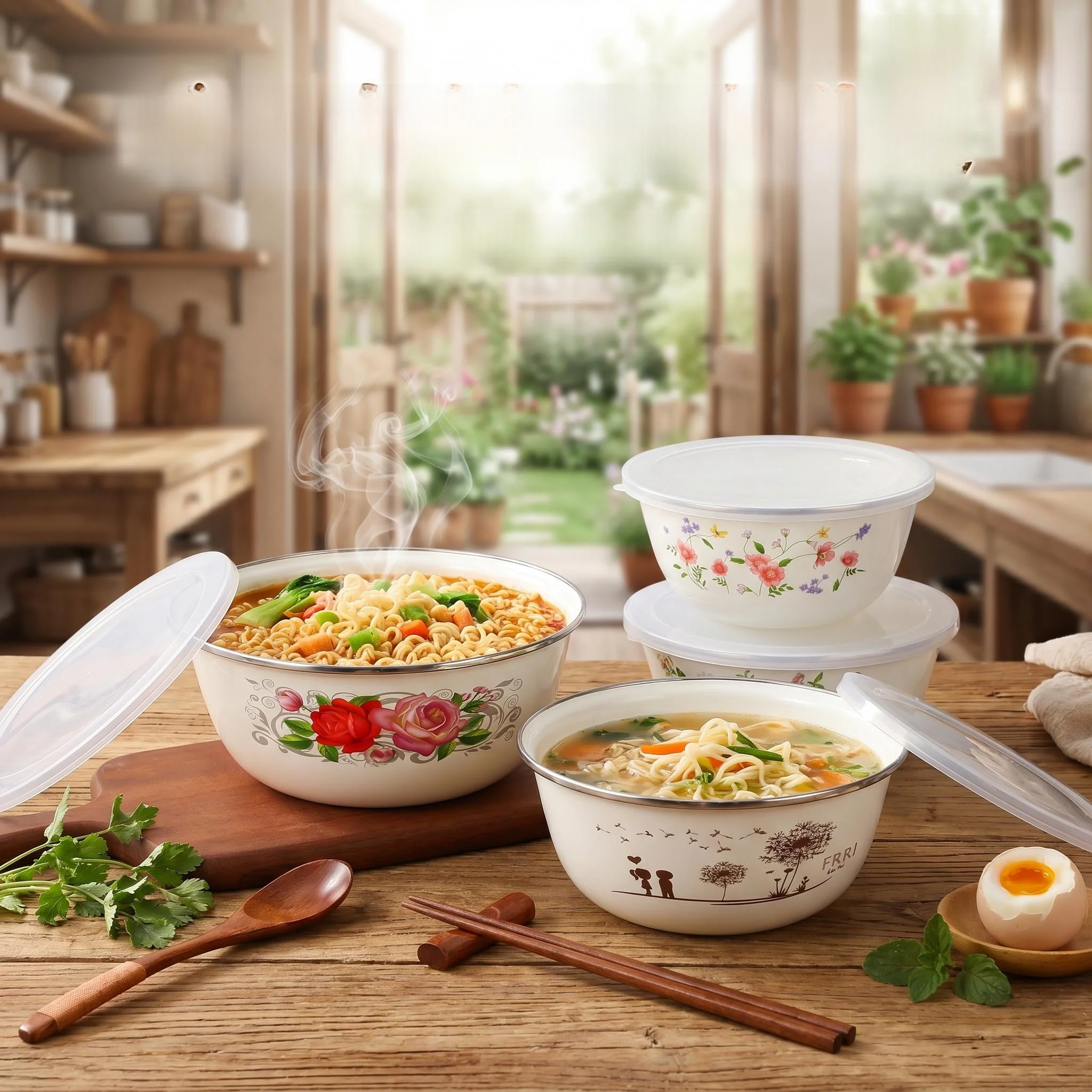 エナメルスープボウル-大容量-電子レンジ対応-ハンドル付き-厚みのある蓋-鮮度保持-キッチン用品-学生寮用