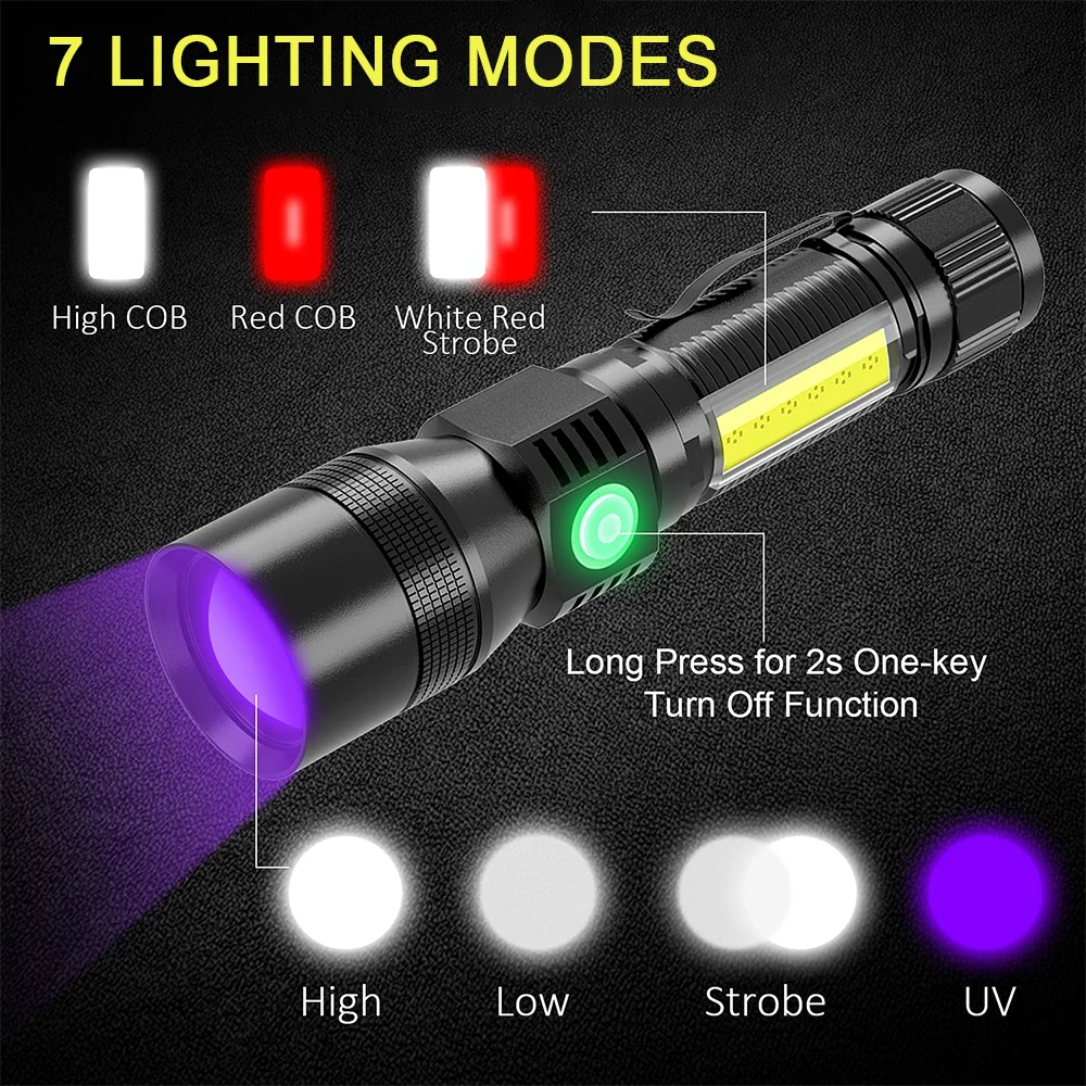 3 In 1 UV 365nm Flashlight Purple+White+RED Rechargeable Torch LED Zoom Waterproof Camping Light 7 Modes Pocket Clip Magnet Lamp